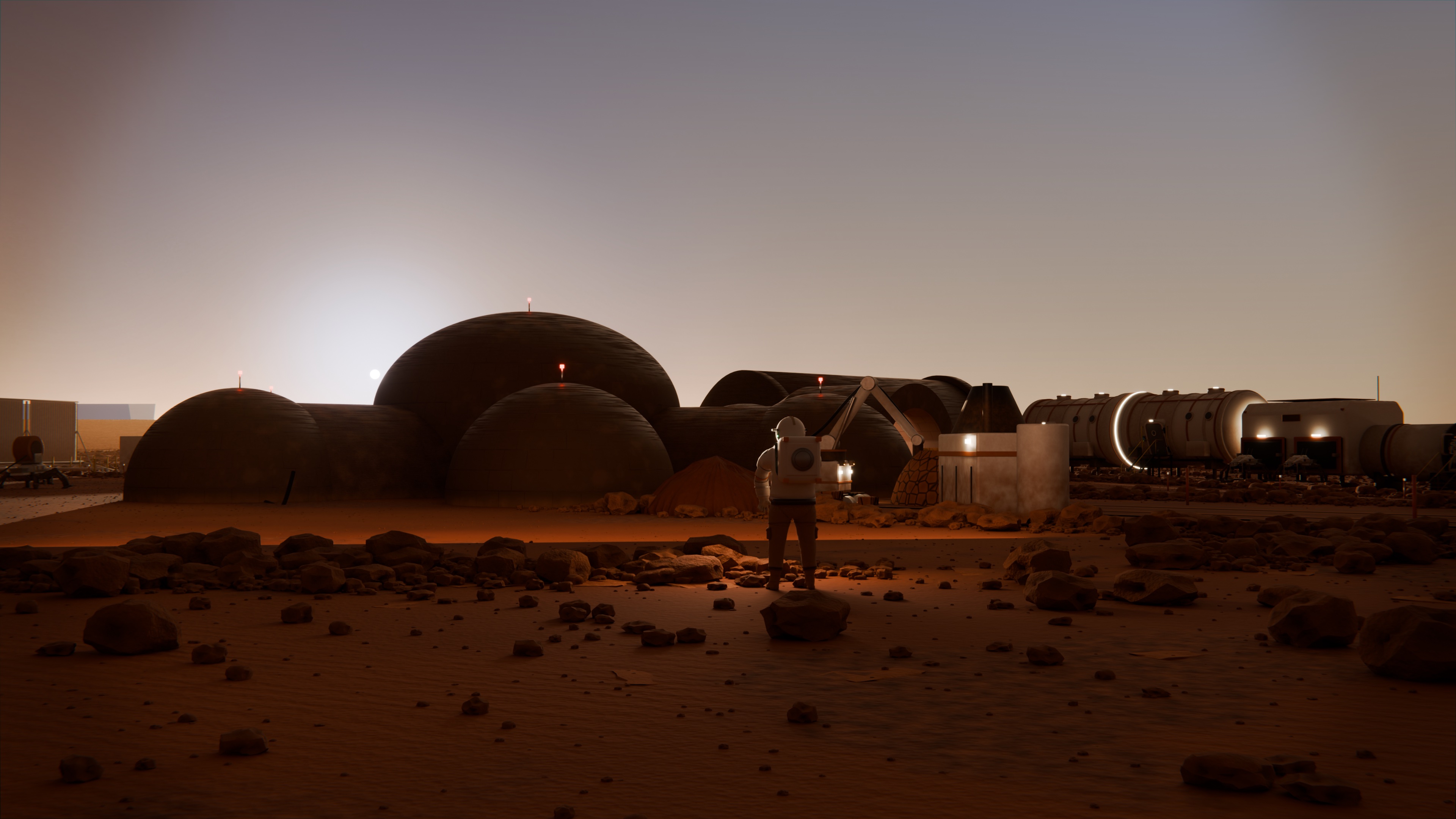 Blue hour at Ridgeline Six: an astronaut stands before the regolith-covered habitat domes as the Sun sets