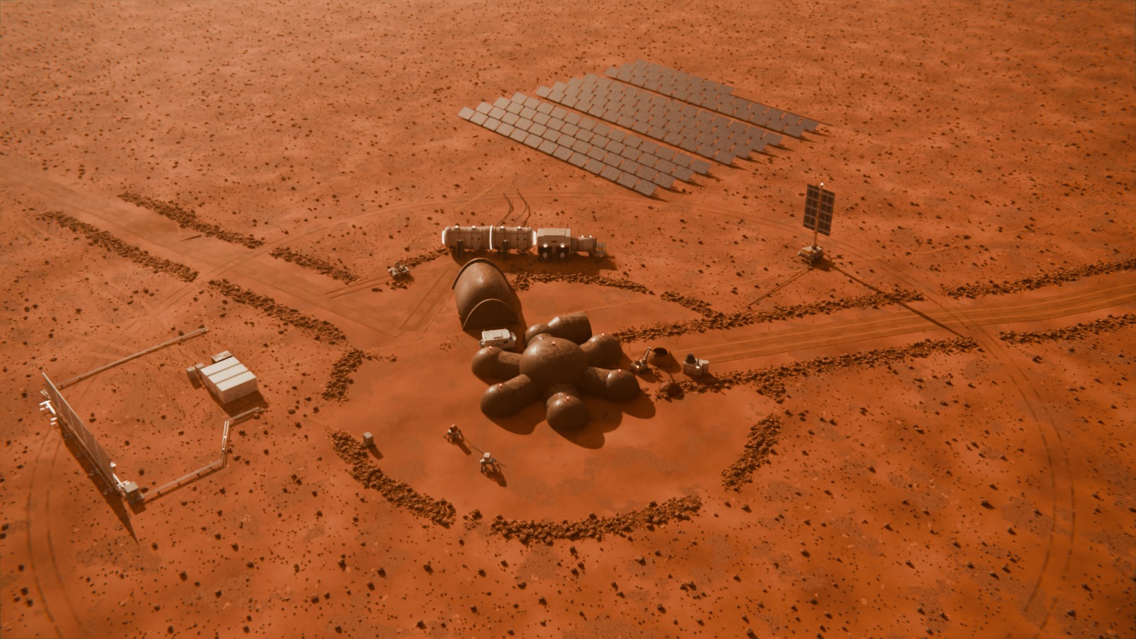 Bird's-eye view of the Ridgeline Six base: regolith-covered habitats, rigid modules, solar field and berms