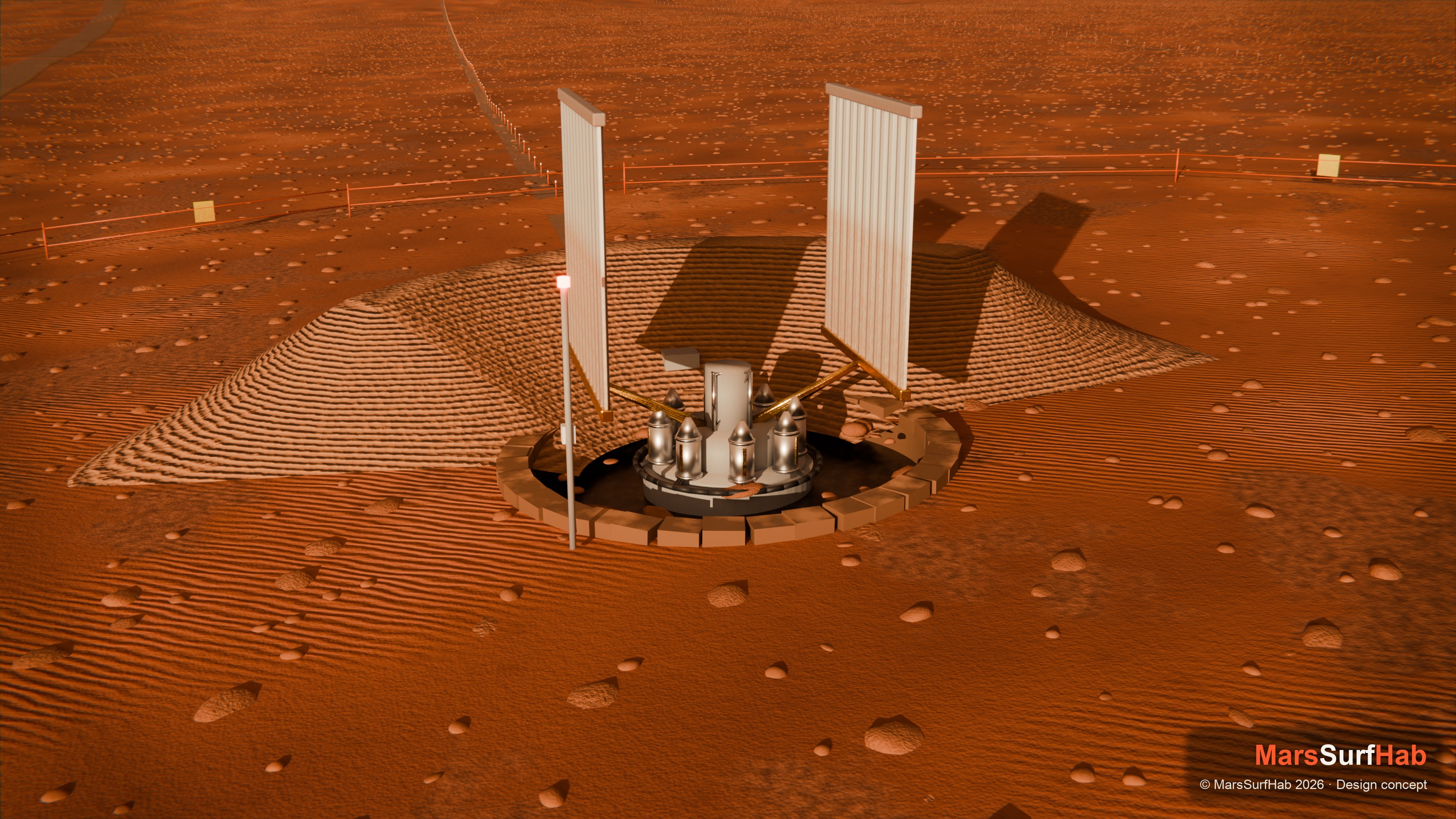 A fission power unit in a pit behind a regolith berm, with two upright radiator panels