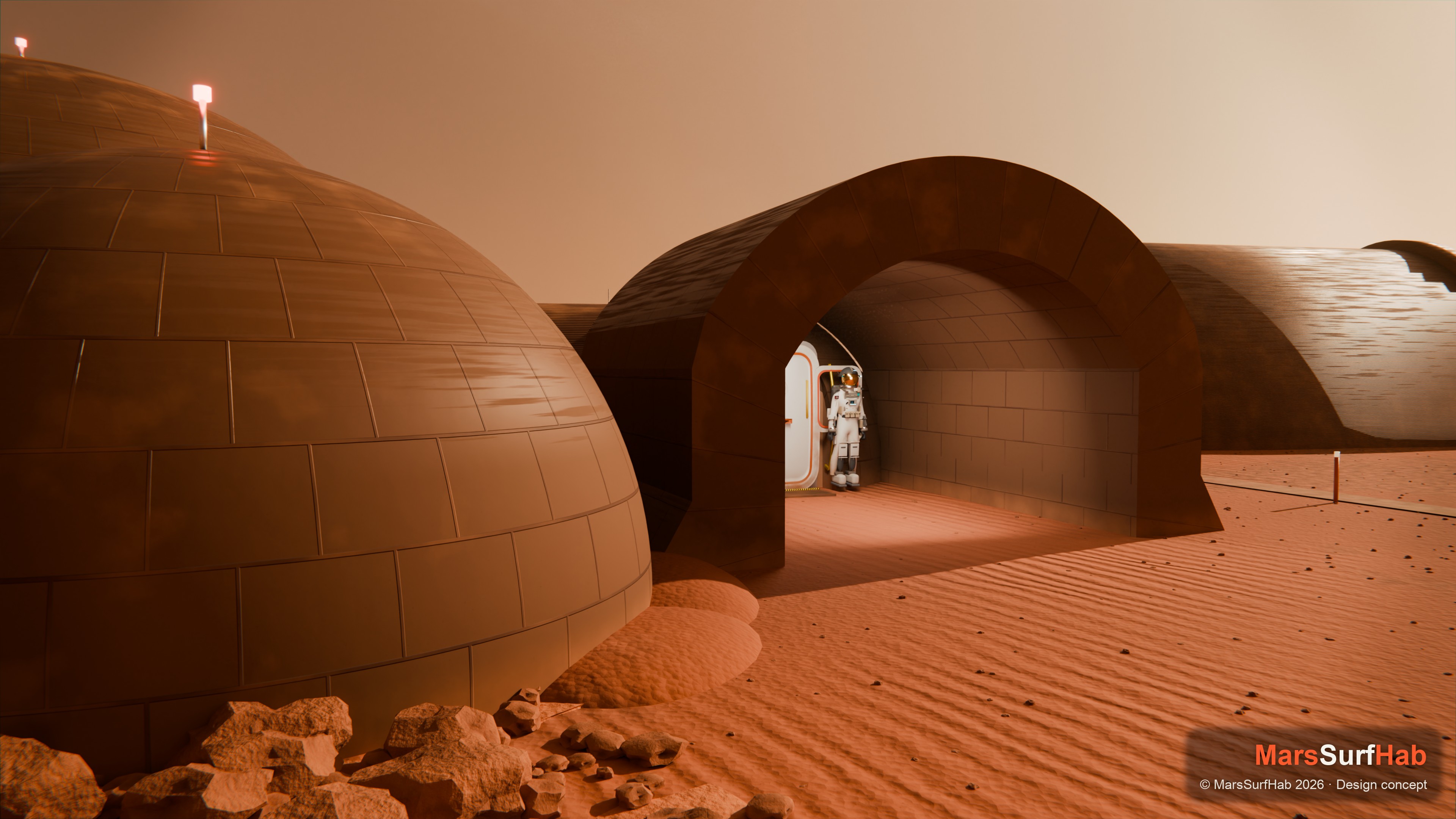 The arched airlock porch with its flat white hatch set into the regolith shell
